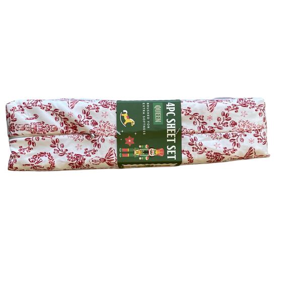 Envogue QUEEN 4pc Sheet Set Nutcracker Toile Christmas Bedding Red & White New - Picture 9 of 10